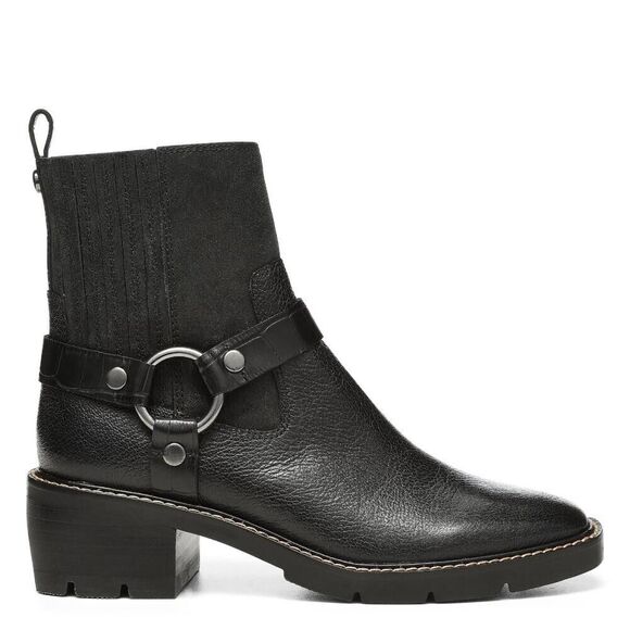 Donald Pliner Mai Harness 6.5 M Bootie Black Leather Ankle Zip Block Heel NIB - Picture 2 of 16